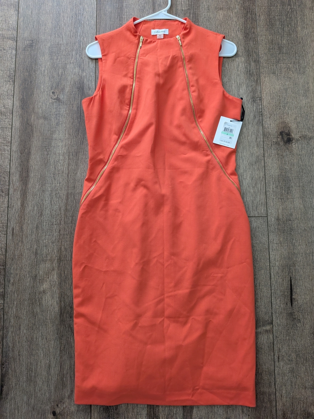 NWT! Calvin Klein Orange Sleeveless Sheath Dress with Gold Zippers